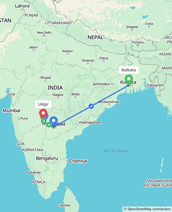 Route map showing distance and travel time from Kolkata, India to Udgir, India