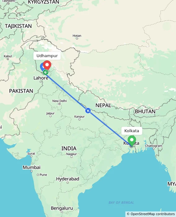Route map showing distance and travel time from Kolkata, India to Udhampur, India