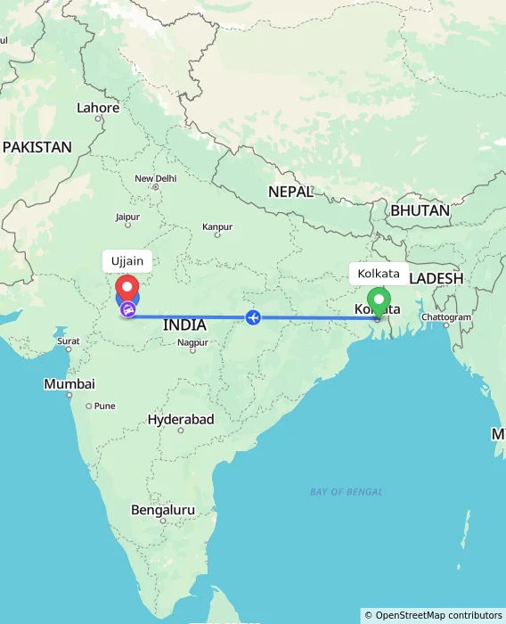 Route map showing distance and travel time from Kolkata, India to Ujjain, India