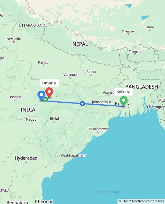 Route map showing distance and travel time from Kolkata, India to Umaria, India