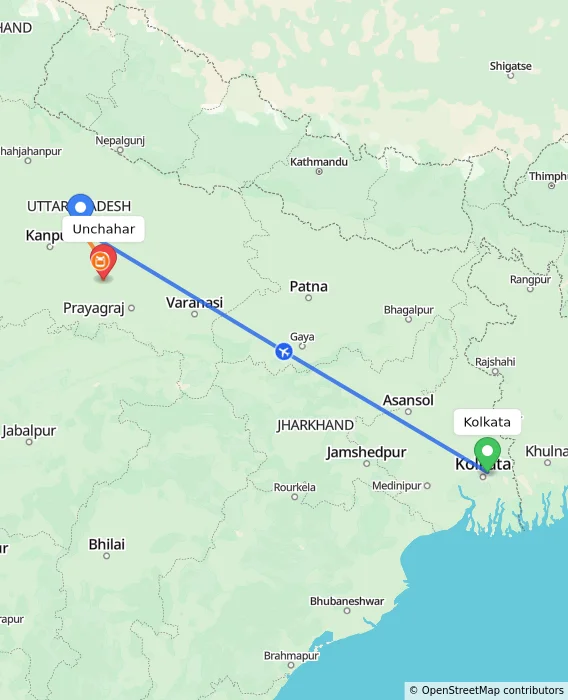 Route map showing distance and travel time from Kolkata, India to Unchahar, India