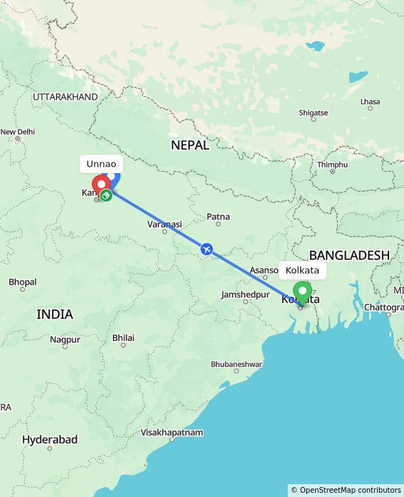 Route map showing distance and travel time from Kolkata, India to Unnao, India