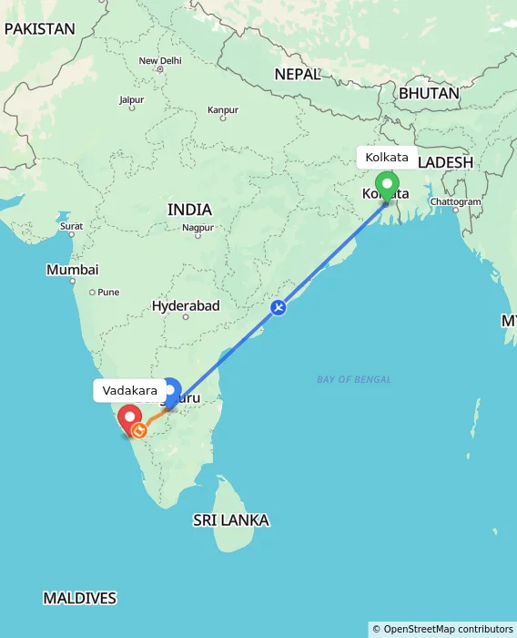 Route map showing distance and travel time from Kolkata, India to Vadakara, India