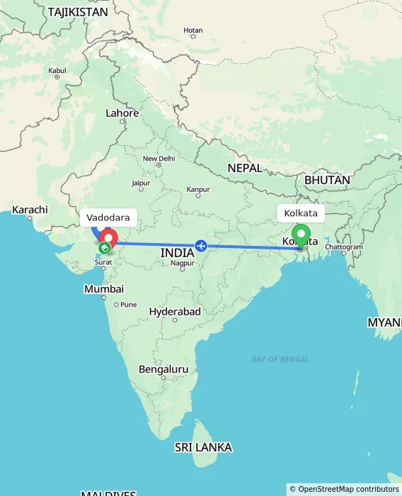 Route map showing distance and travel time from Kolkata, India to Vadodara, India