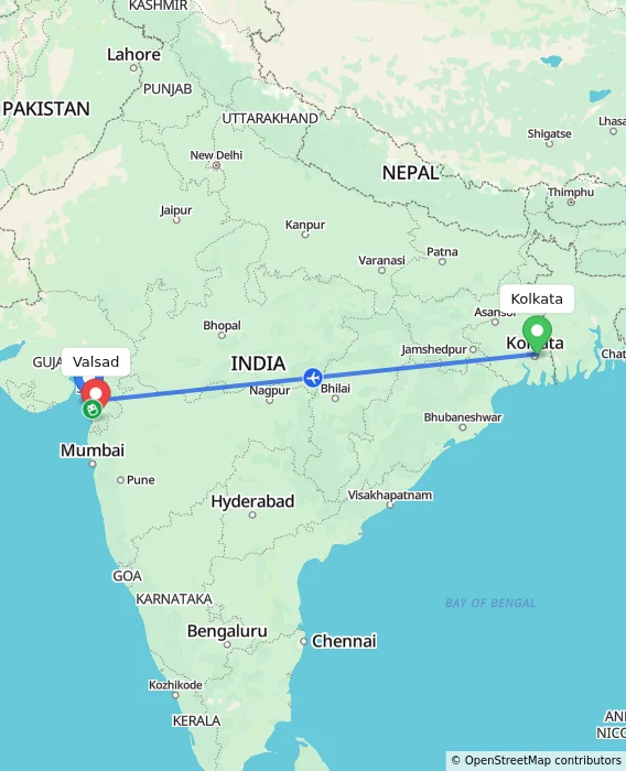Route map showing distance and travel time from Kolkata, India to Valsad, India