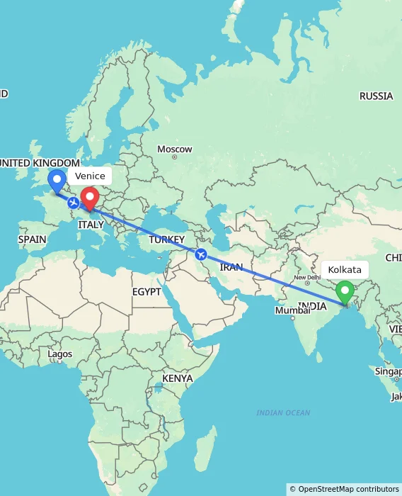 Route map showing distance and travel time from Kolkata, India to Venice, Italy