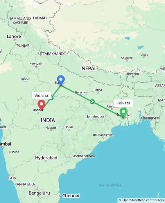 Route map showing distance and travel time from Kolkata, India to Vidisha, India