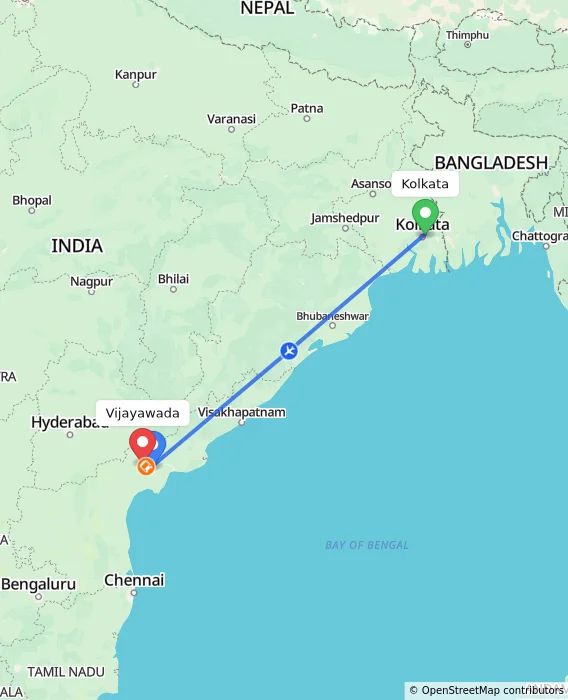 Route map showing distance and travel time from Kolkata, India to Vijayawada, India