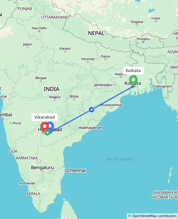 Route map showing distance and travel time from Kolkata, India to Vikarabad, India