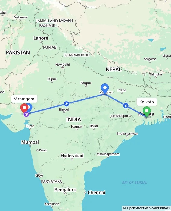 Route map showing distance and travel time from Kolkata, India to Viramgam, India