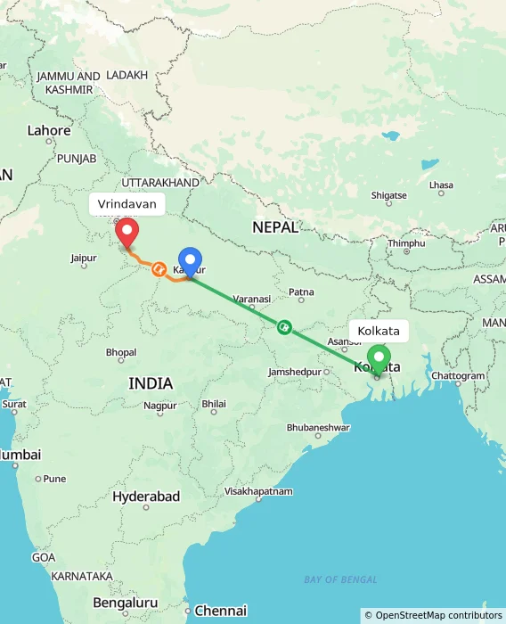 Route map showing distance and travel time from Kolkata, India to Vrindavan, India