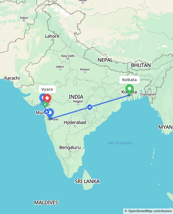 Route map showing distance and travel time from Kolkata, India to Vyara, India