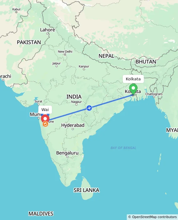 Route map showing distance and travel time from Kolkata, India to Wai, India