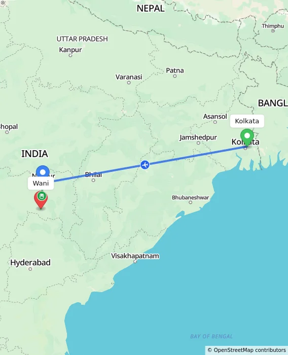Route map showing distance and travel time from Kolkata, India to Wani, India