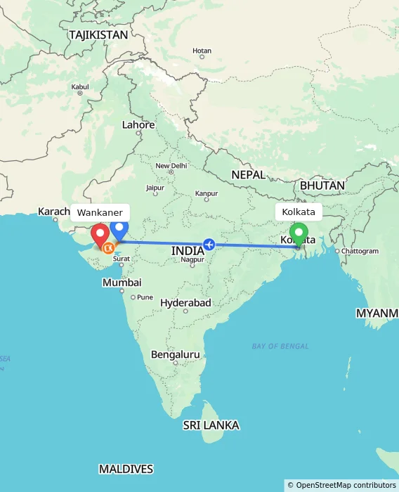 Route map showing distance and travel time from Kolkata, India to Wankaner, India