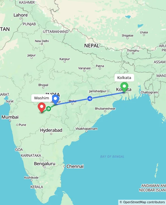 Route map showing distance and travel time from Kolkata, India to Washim, India