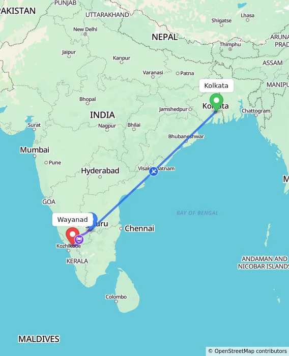 Route map showing distance and travel time from Kolkata, India to Wayanad, India