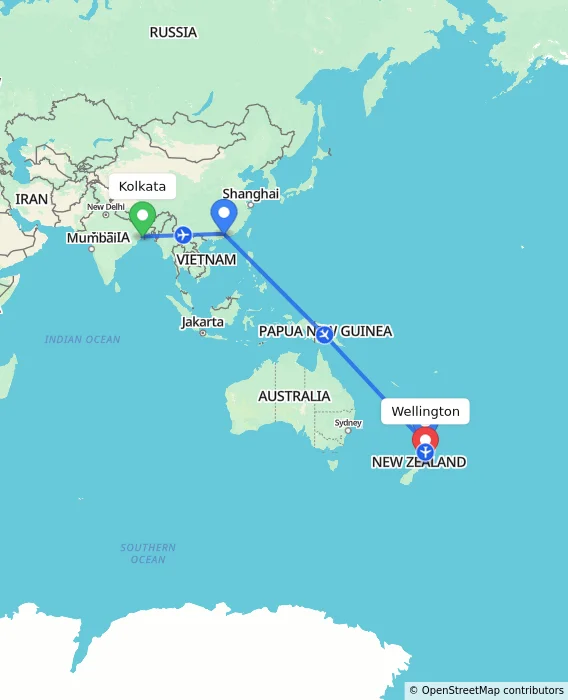 Route map showing distance and travel time from Kolkata, India to Wellington, New Zealand