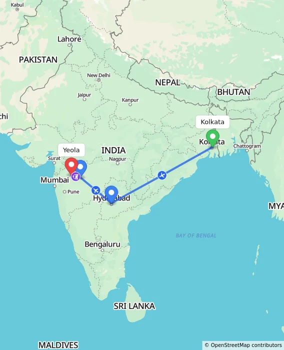 Route map showing distance and travel time from Kolkata, India to Yeola, India