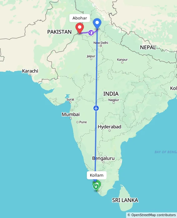 Route map showing distance and travel time from Kollam, India to Abohar, India