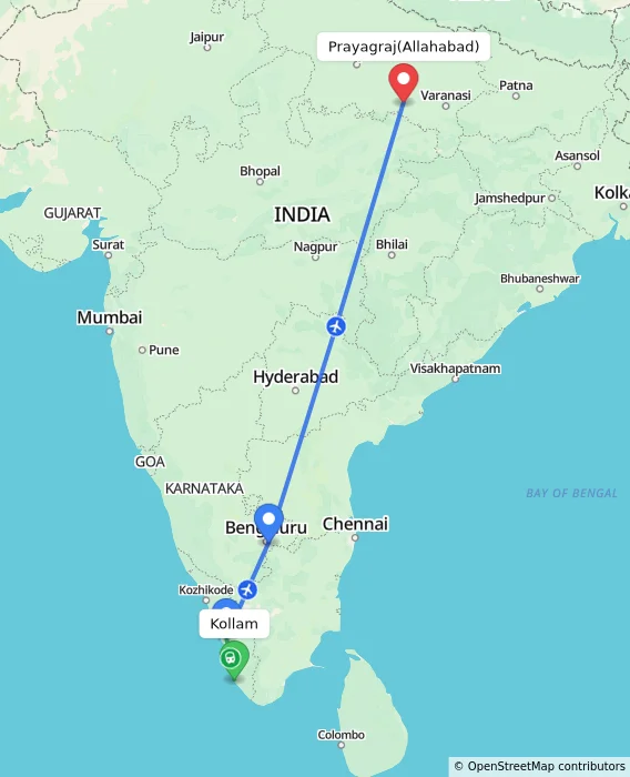 Route map showing distance and travel time from Kollam, India to Allahabad, India