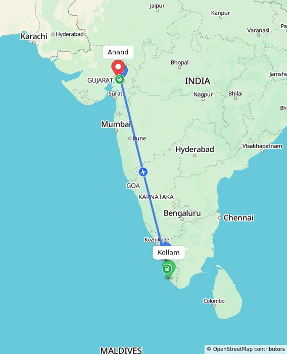 Route map showing distance and travel time from Kollam, India to Anand, India