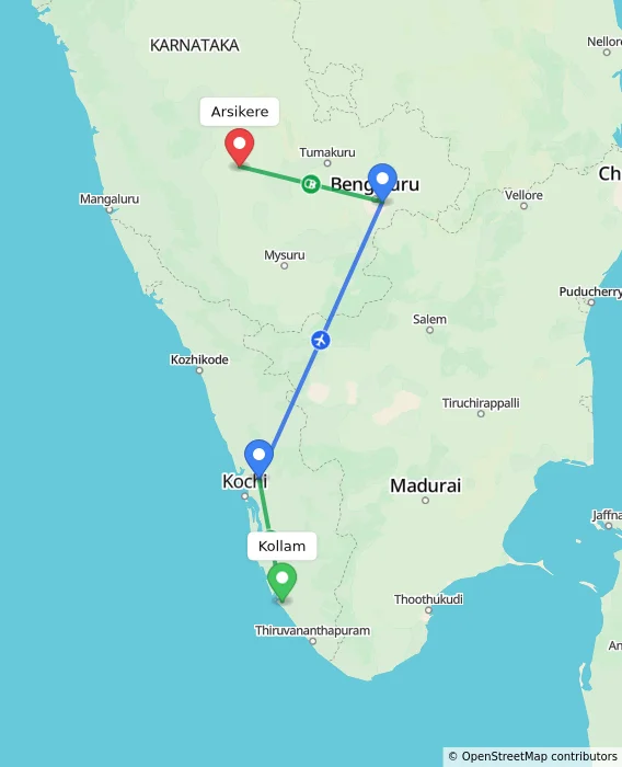 Route map showing distance and travel time from Kollam, India to Arsikere, India