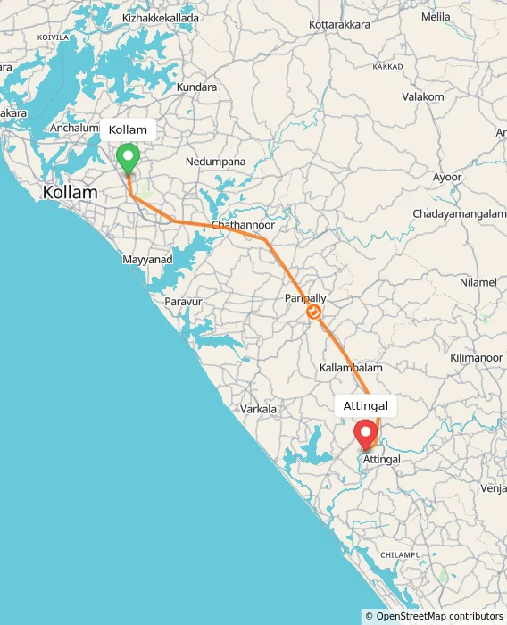 Route map showing distance and travel time from Kollam, India to Attingal, India