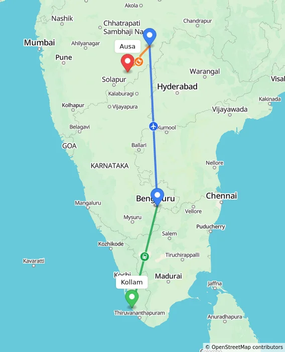 Route map showing distance and travel time from Kollam, India to Ausa, India