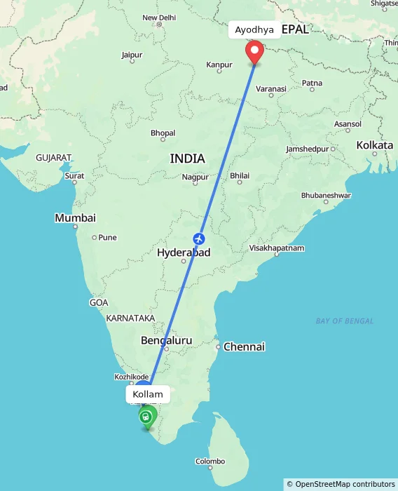 Route map showing distance and travel time from Kollam, India to Ayodhya, India