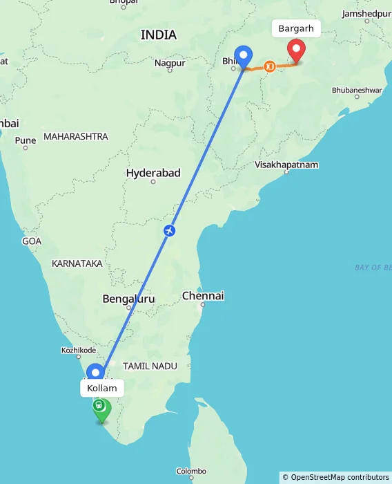 Route map showing distance and travel time from Kollam, India to Bargarh, India