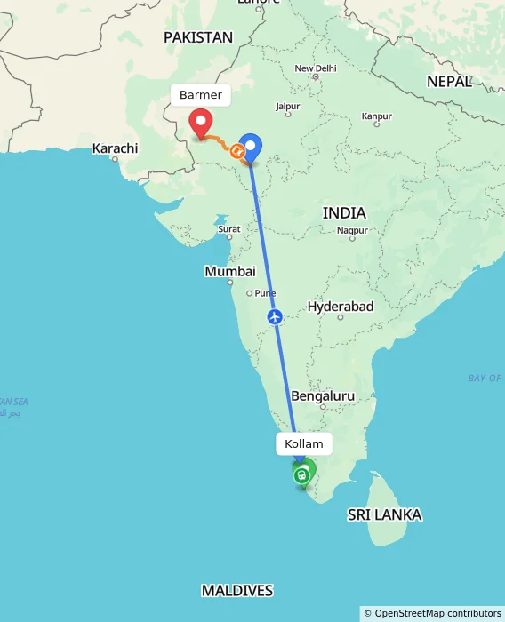 Route map showing distance and travel time from Kollam, India to Barmer, India