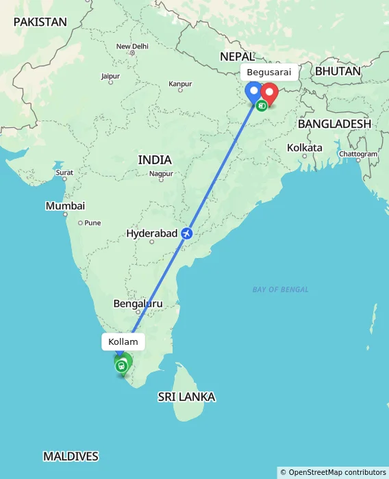 Route map showing distance and travel time from Kollam, India to Begusarai, India