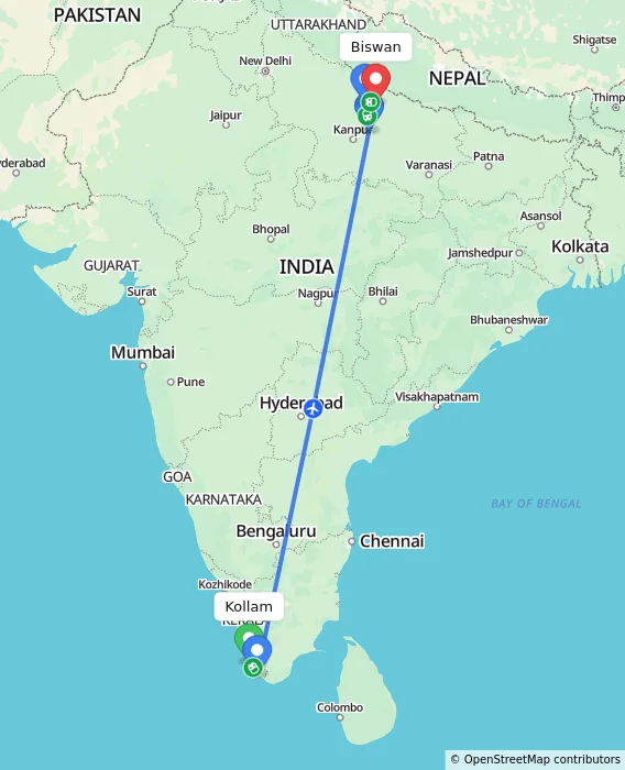 Route map showing distance and travel time from Kollam, India to Biswan, India