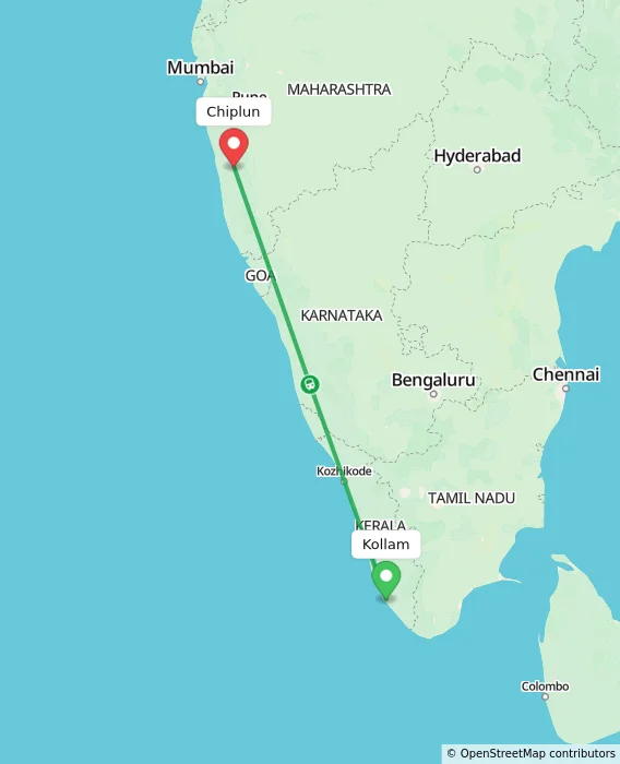 Route map showing distance and travel time from Kollam, India to Chiplun, India