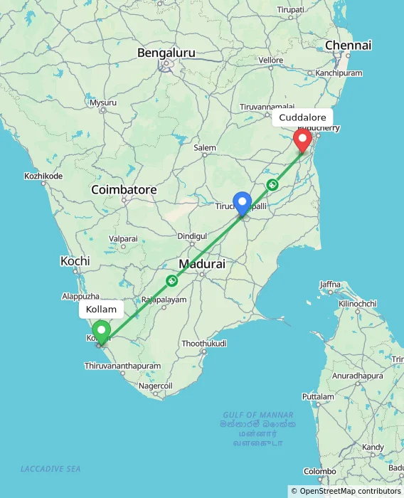 Route map showing distance and travel time from Kollam, India to Cuddalore, India