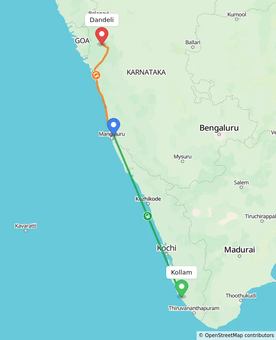 Route map showing distance and travel time from Kollam, India to Dandeli, India