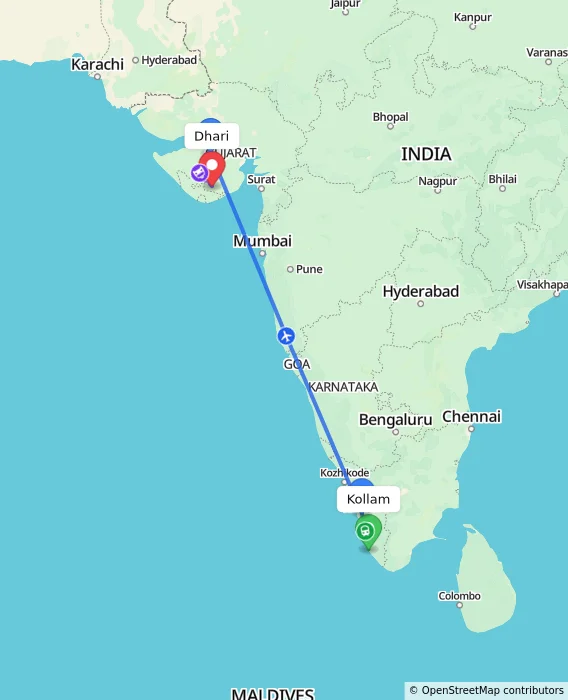 Route map showing distance and travel time from Kollam, India to Dhari, India