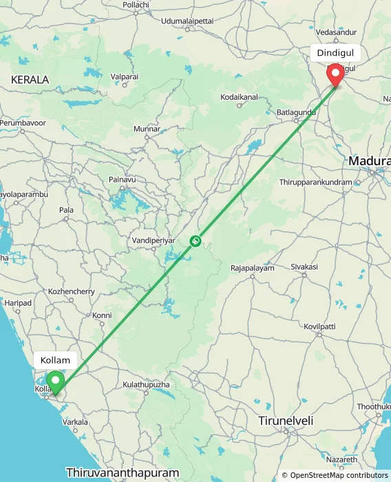 Route map showing distance and travel time from Kollam, India to Dindigul, India