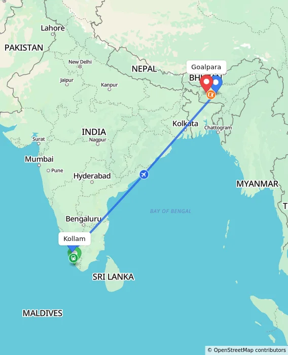 Route map showing distance and travel time from Kollam, India to Goalpara, India