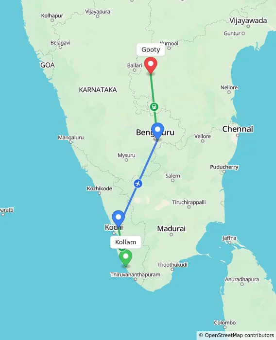 Route map showing distance and travel time from Kollam, India to Gooty, India