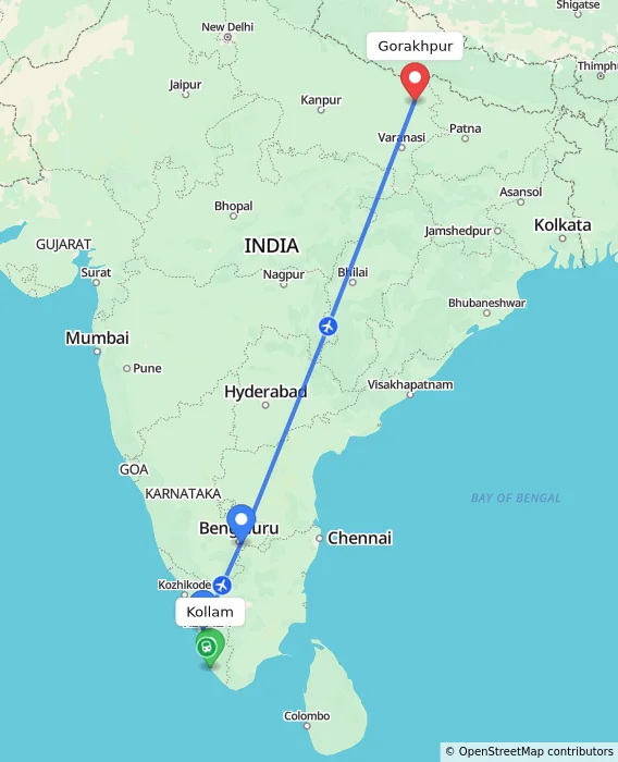 Route map showing distance and travel time from Kollam, India to Gorakhpur, India