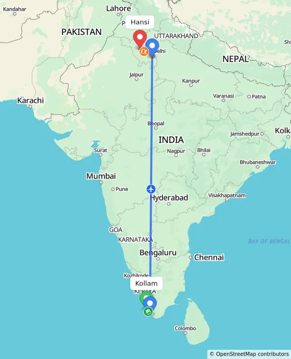 Route map showing distance and travel time from Kollam, India to Hansi, India