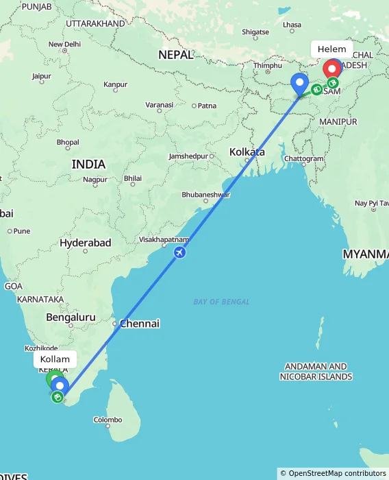 Route map showing distance and travel time from Kollam, India to Helem, India