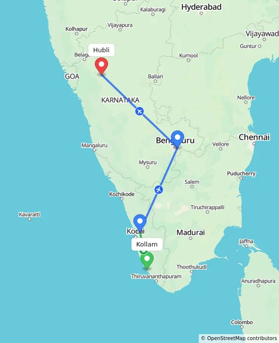 Route map showing distance and travel time from Kollam, India to Hubli, India