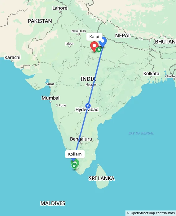 Route map showing distance and travel time from Kollam, India to Kalpi, India