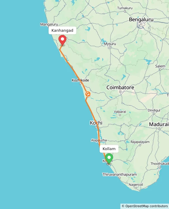 Route map showing distance and travel time from Kollam, India to Kanhangad, India