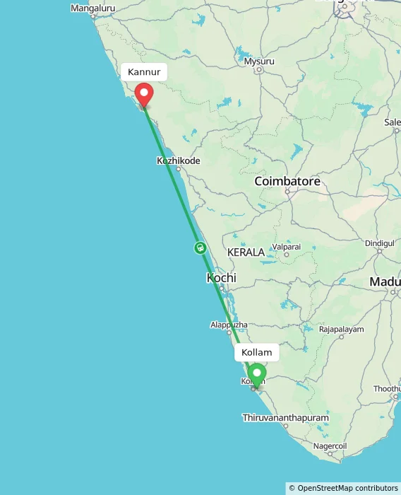 Route map showing distance and travel time from Kollam, India to Kannur, India