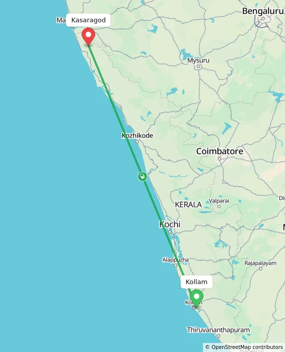 Route map showing distance and travel time from Kollam, India to Kasaragod, India