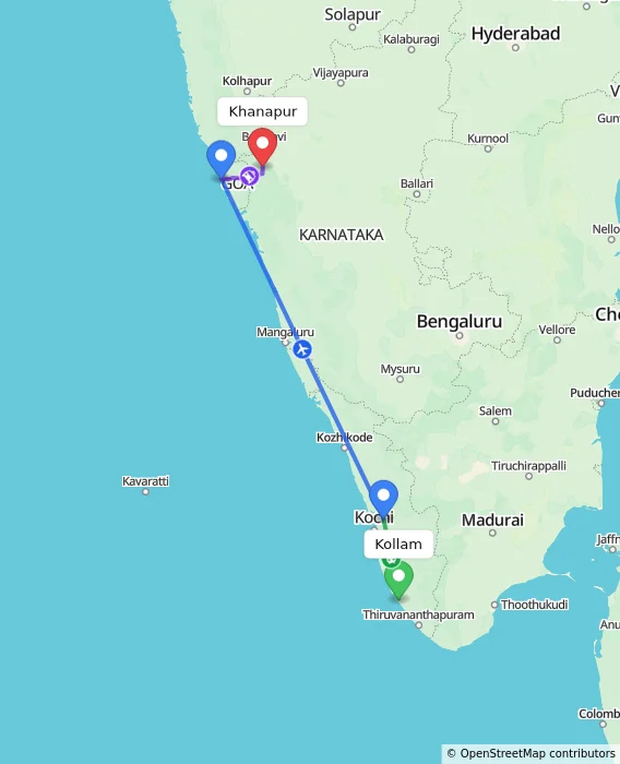 Route map showing distance and travel time from Kollam, India to Khanapur, India